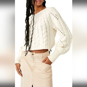 Free People Sandre Cable Stitch Pullover Sweater in Ivory